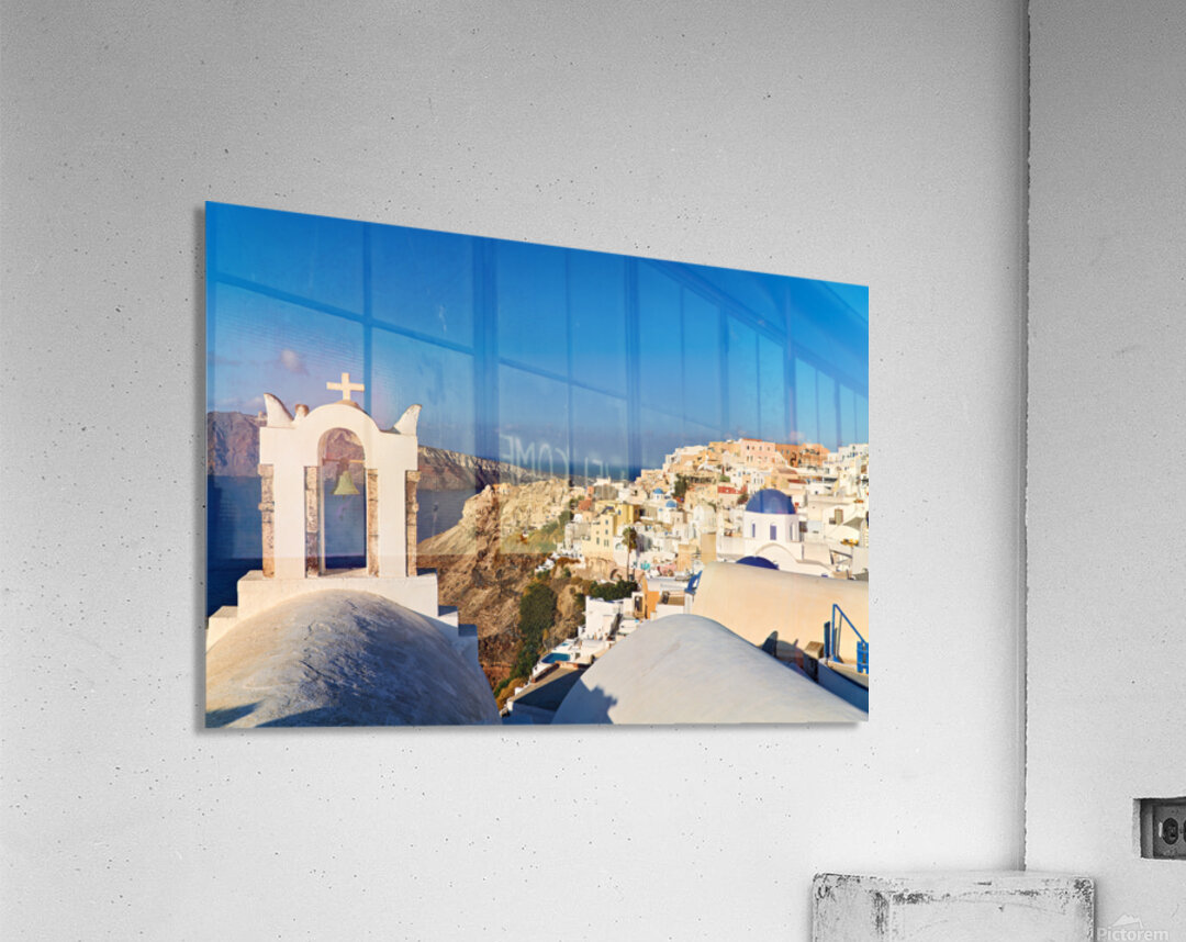Santorini village with church bell tower overlooking caldera. Acrylic Print