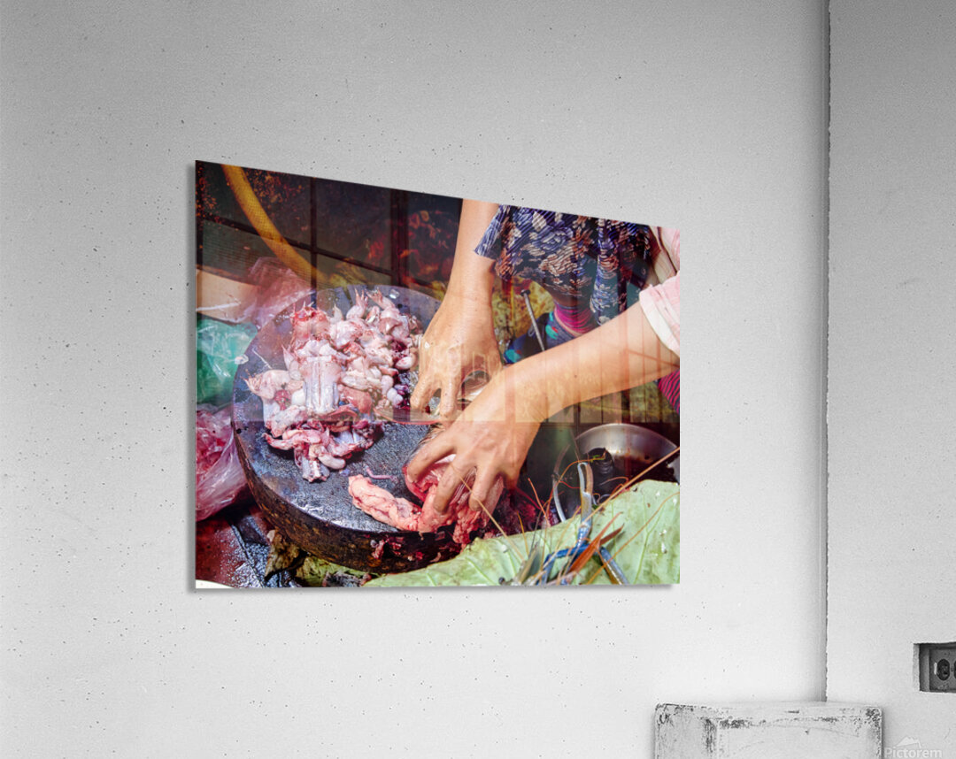 Hands preparing raw frog meat and seafood. Acrylic Print
