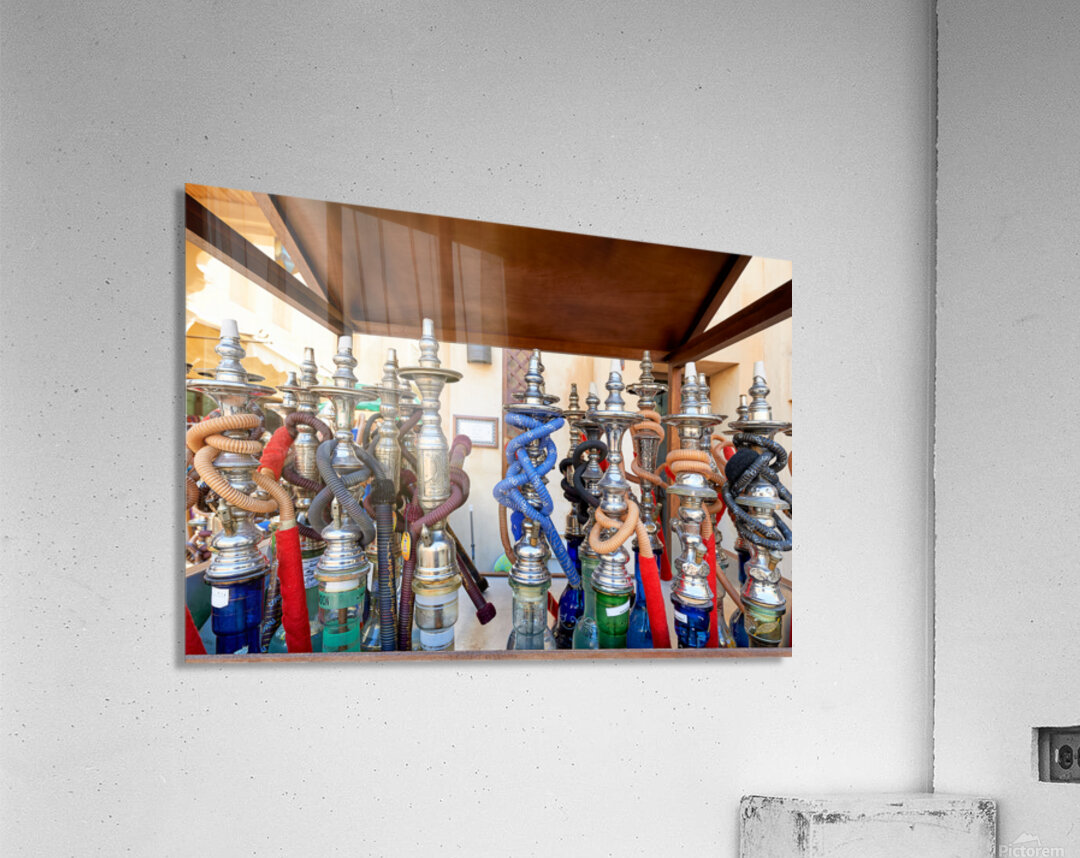 Colorful hookahs with hoses in market in Dubai UAE Acrylic Print
