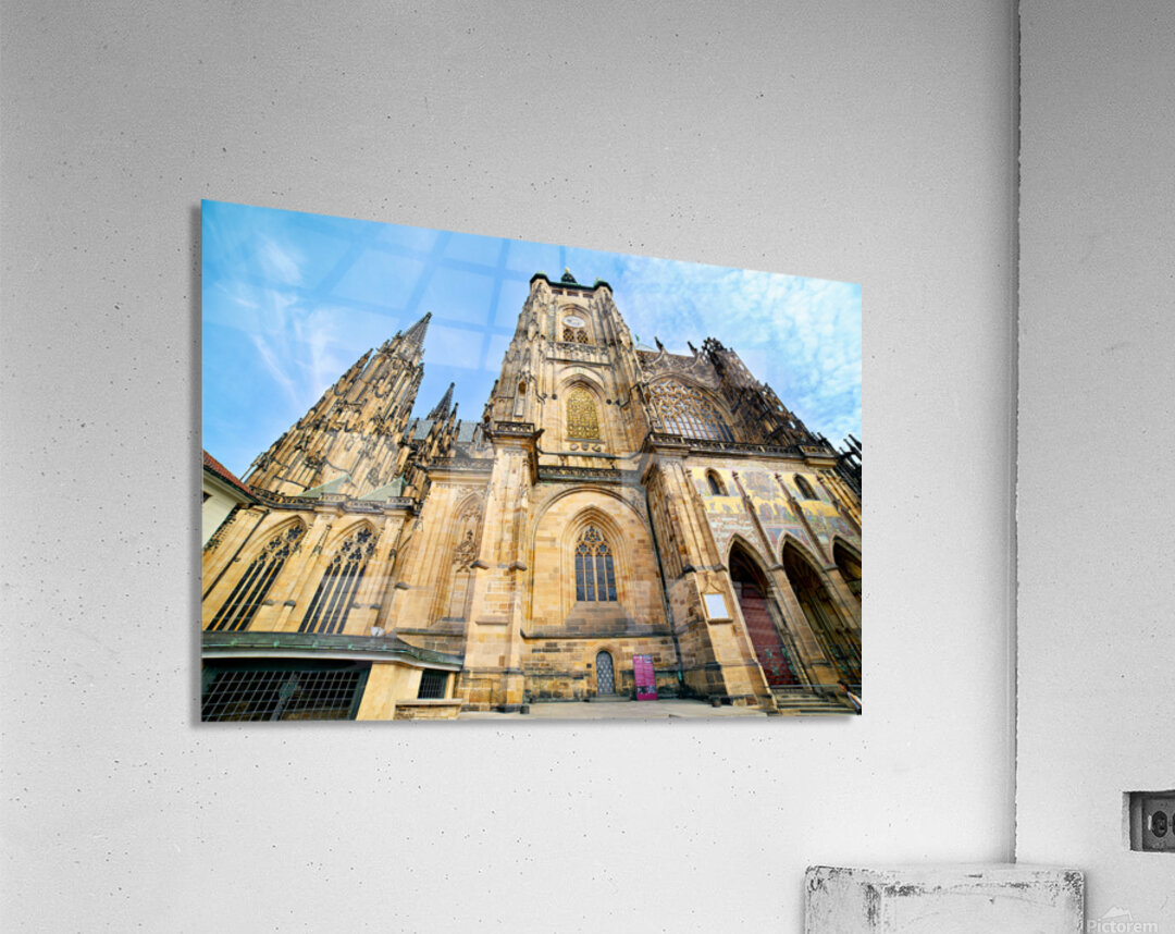 Ornate St. Vitus Cathedral facade against a blue sky. Acrylic Print