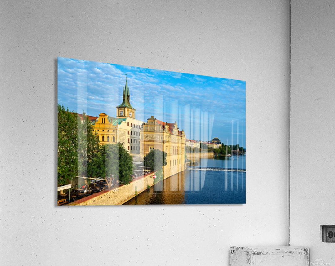 Pragues Vltava riverfront with historic architecture and lively Acrylic Print