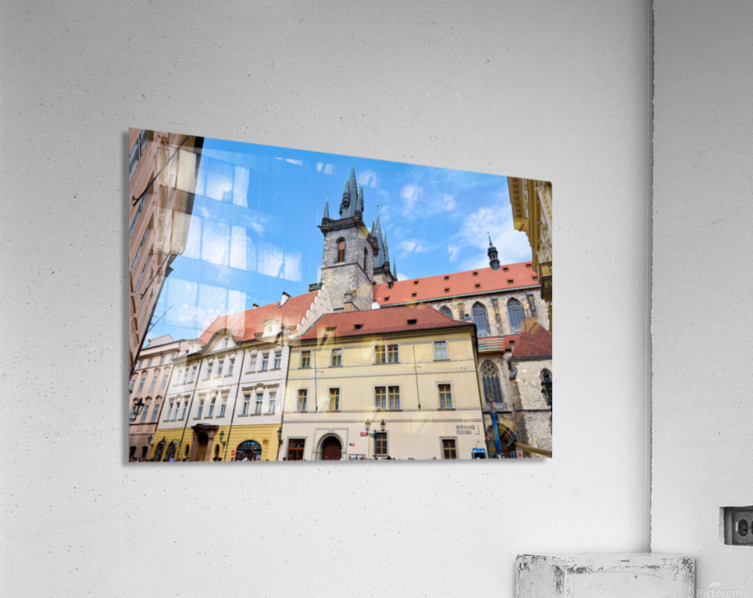 Pragues Týn Church and historic buildings under blue sky. Acrylic Print