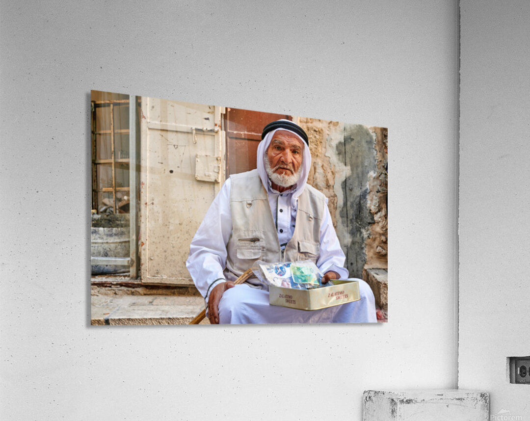 Old man sitting with sweets in Jerusalems old city Acrylic Print