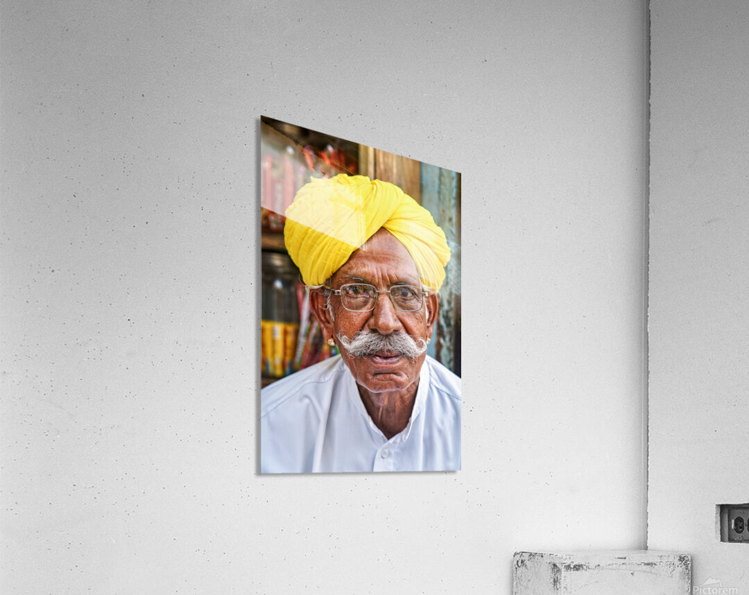 Senior man in yellow turban in Jaisalmer Rajasthan India Acrylic Print