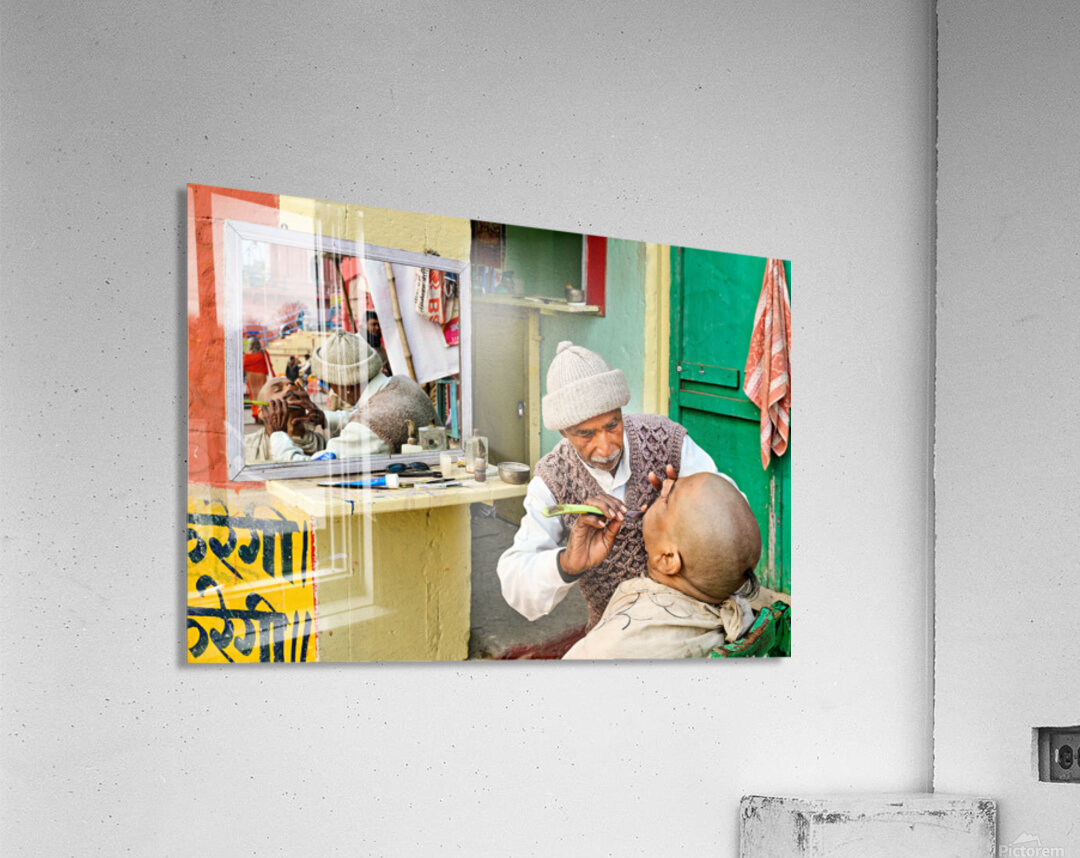 Barber provides shaving service in Varanasi Uttar Pradesh Acrylic Print