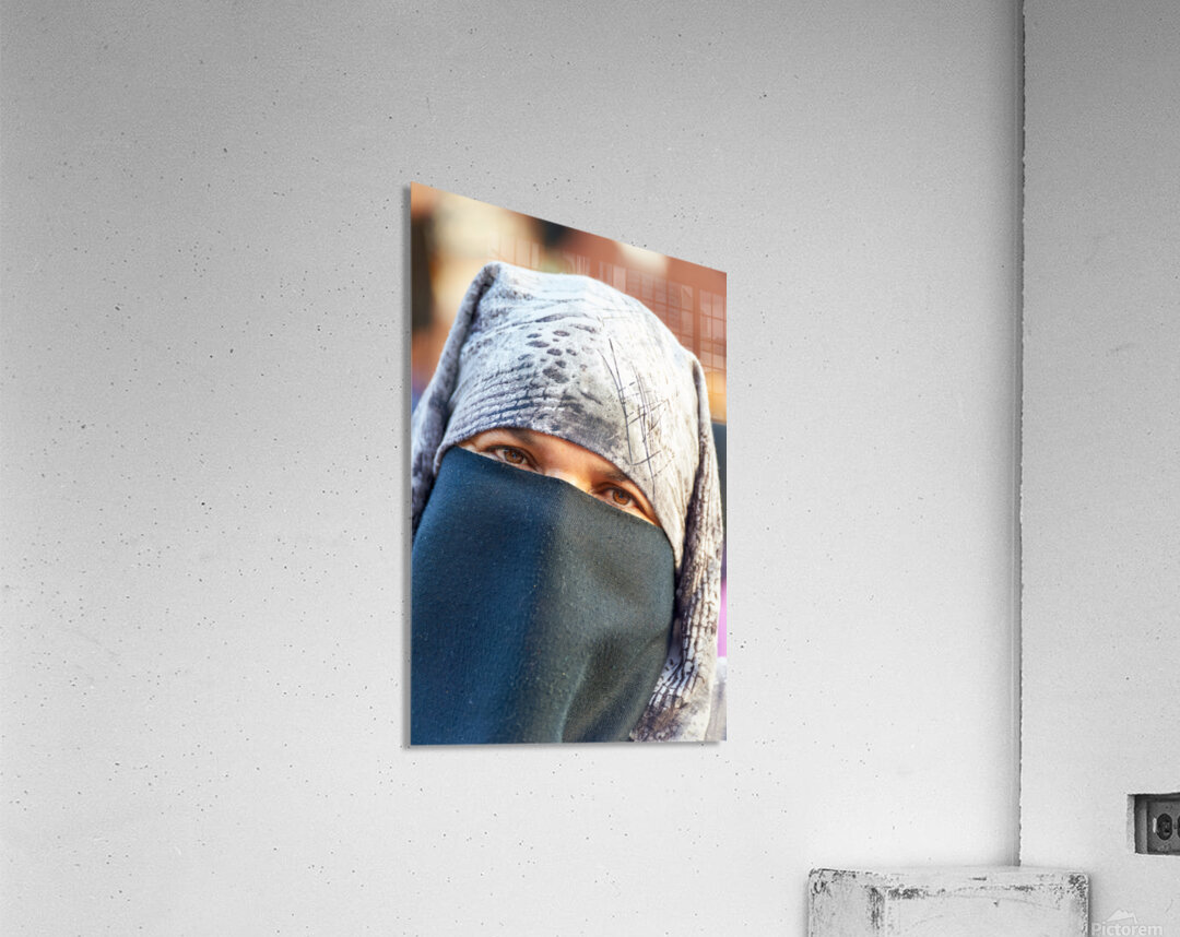 Veiled Moroccan woman in Marrakesh market on a sunny day Acrylic Print