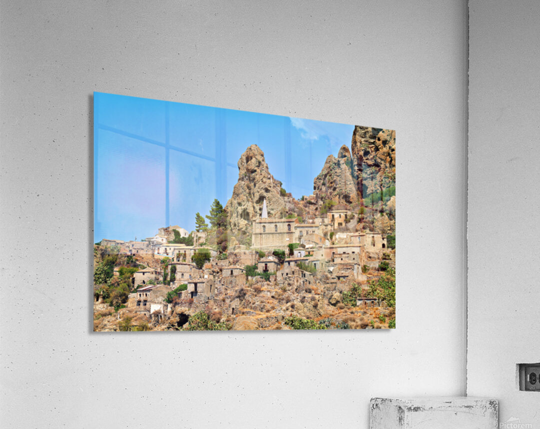 Pentedattilo in Calabria shows old buildings and rocky cliffs Acrylic Print