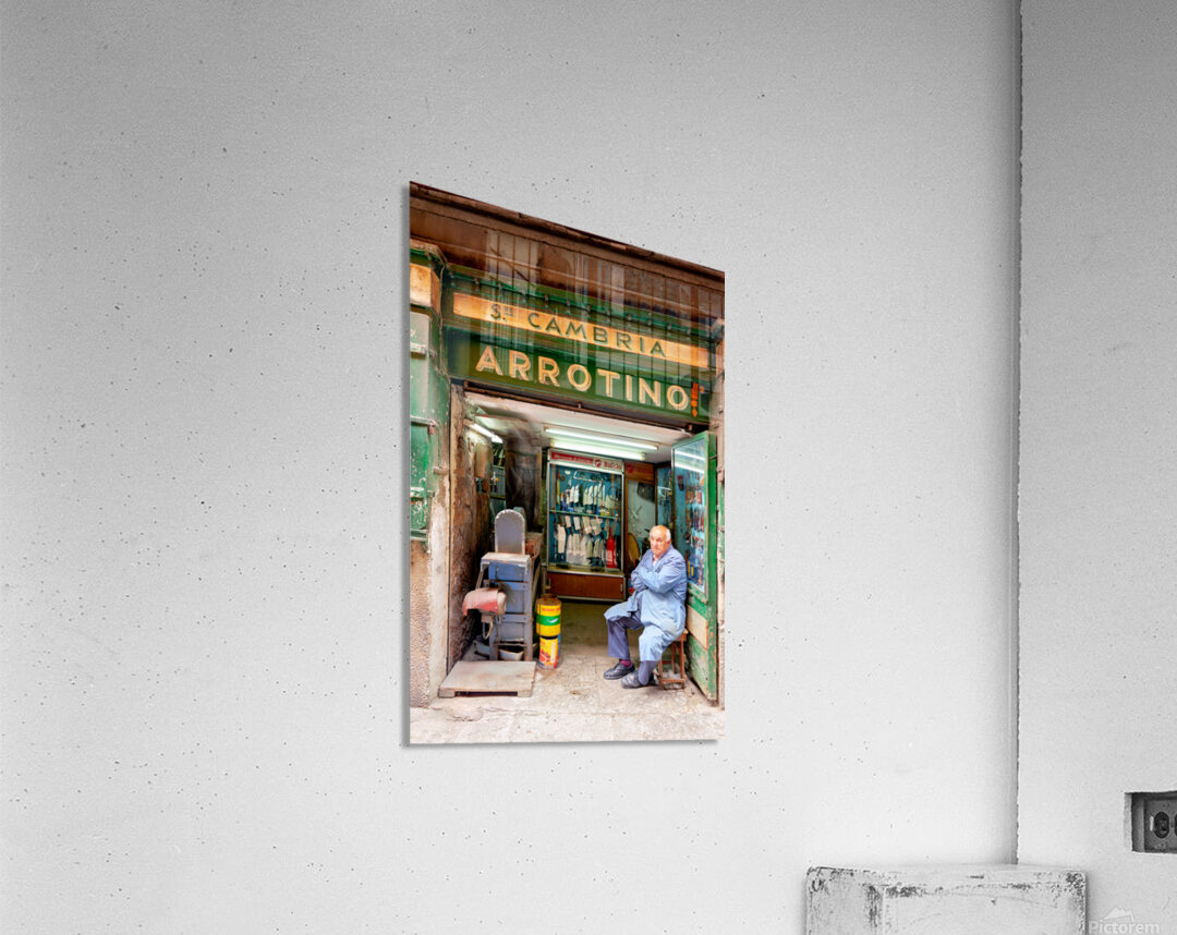 Grinder street shop in Palermo Sicily with shopkeeper Acrylic Print