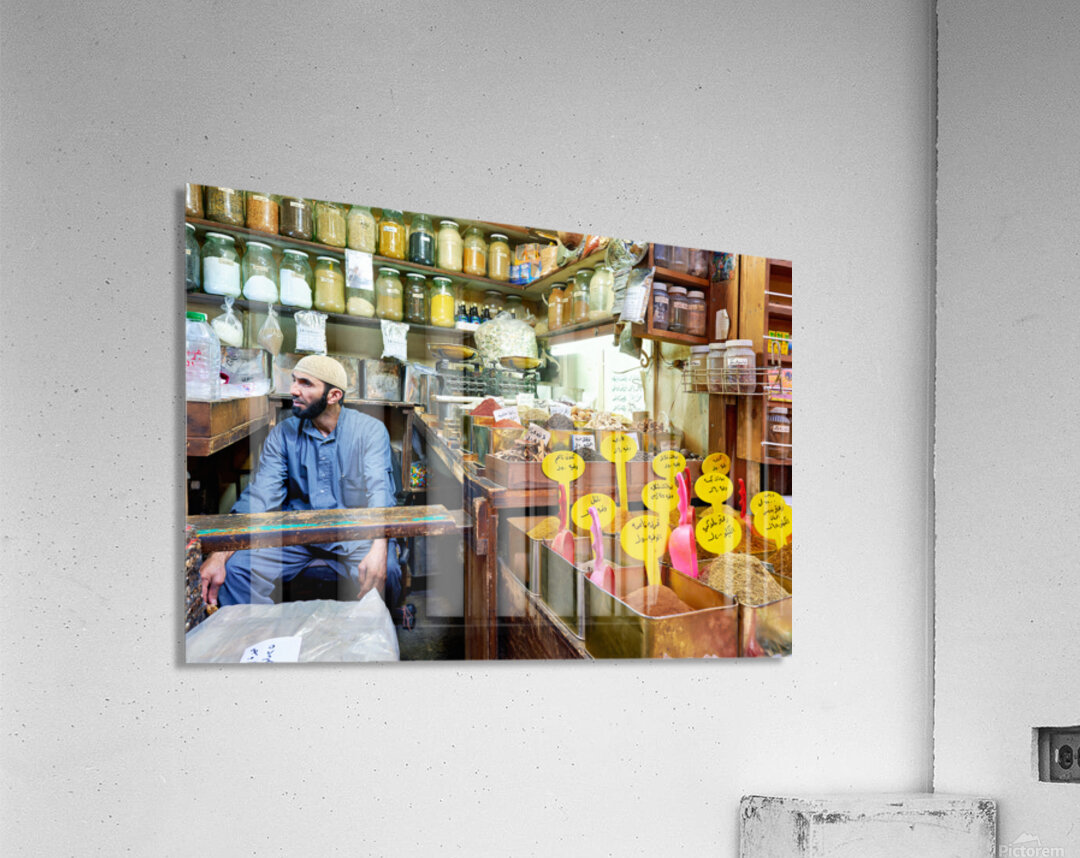 Market scene in Al Hamidiyah Souq showing spices and vendor in S Acrylic Print