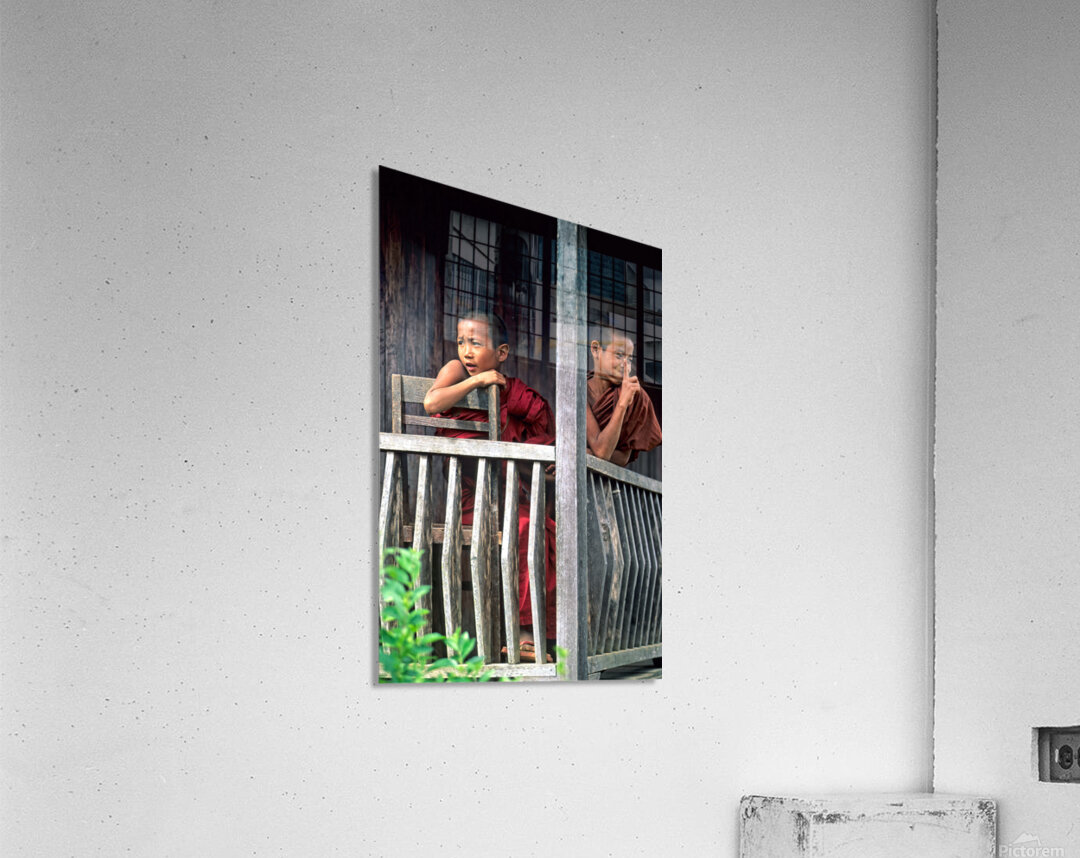Monks sitting on balcony in Kalaw village Myanmar Acrylic Print