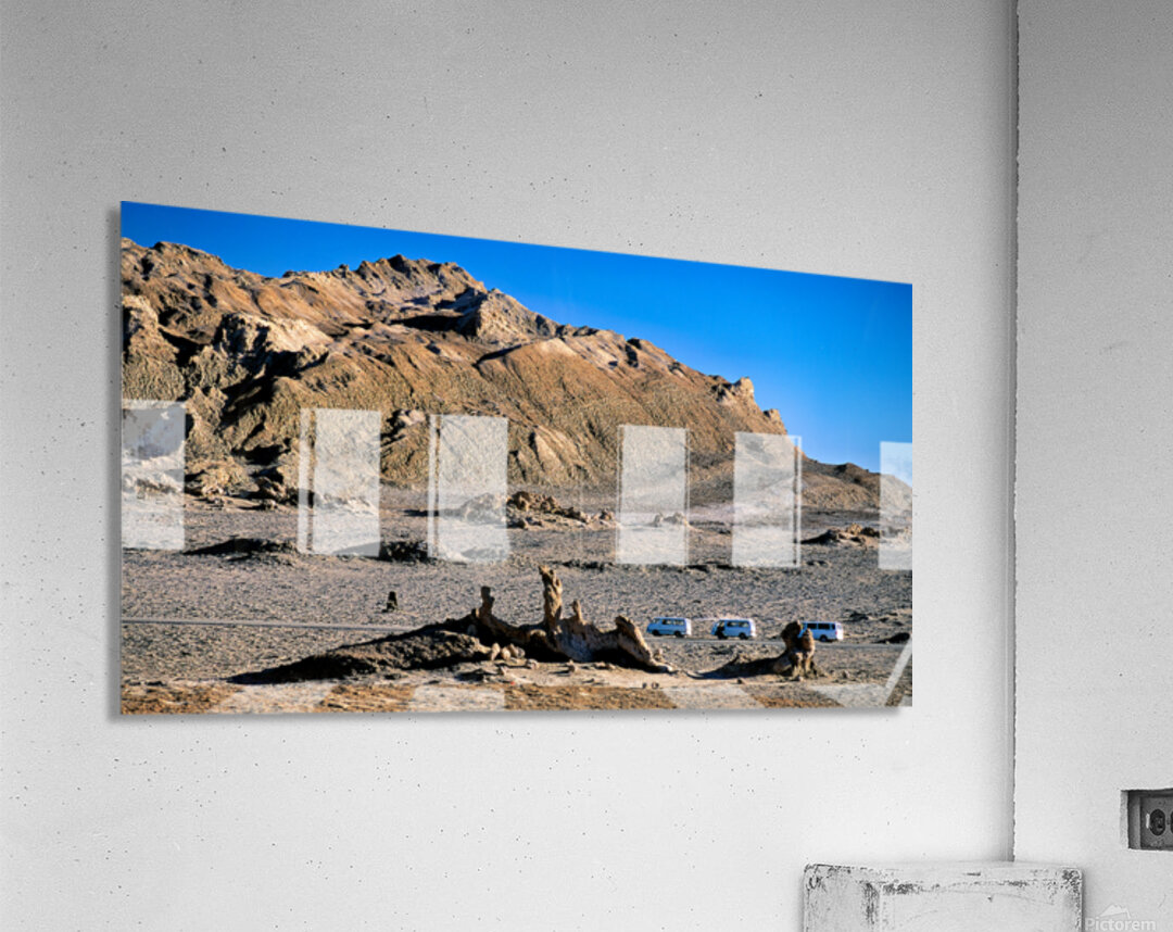 Arid mountain landscape with vans on a desert road. Acrylic Print