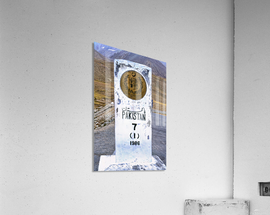 Distance marker showing 7 kilometers to Pakistan on road in 1986 Acrylic Print