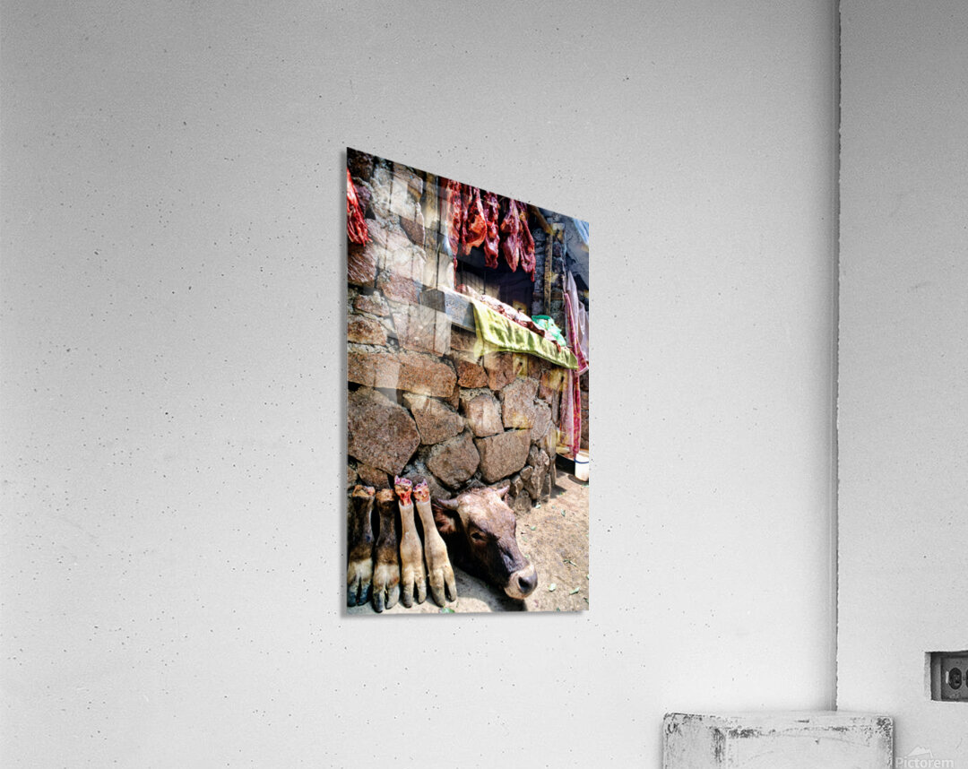 Butcher shop on street in Uzbekistan shows meat and cow parts Acrylic Print