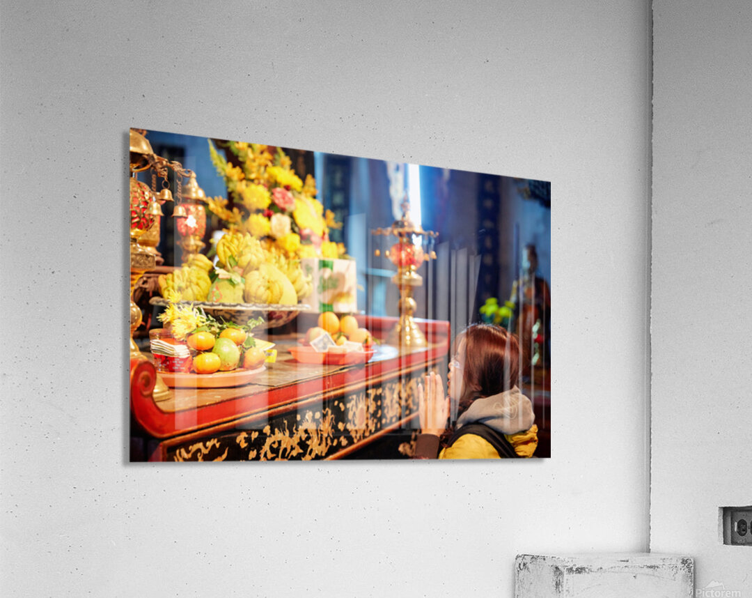 Person offers prayers at altar with fruits in Ho Chi Minh Acrylic Print