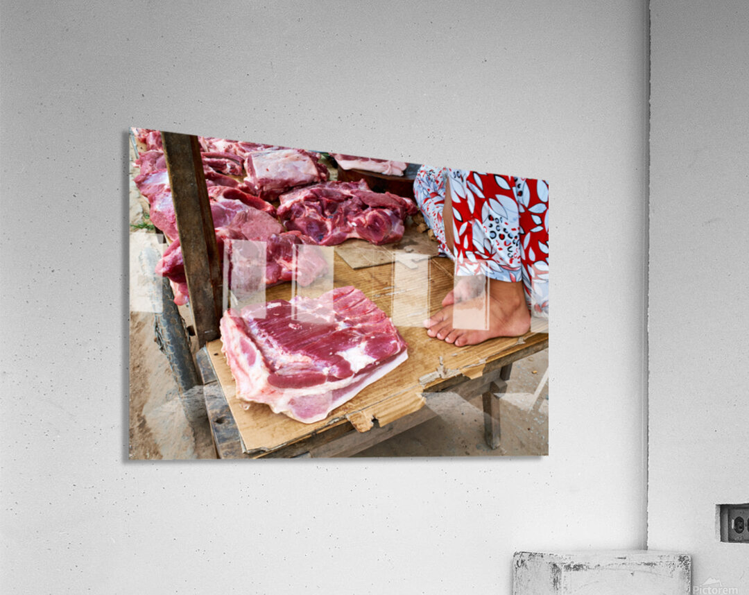 Fresh meat vendor in Phu Quoc market during daytime Acrylic Print