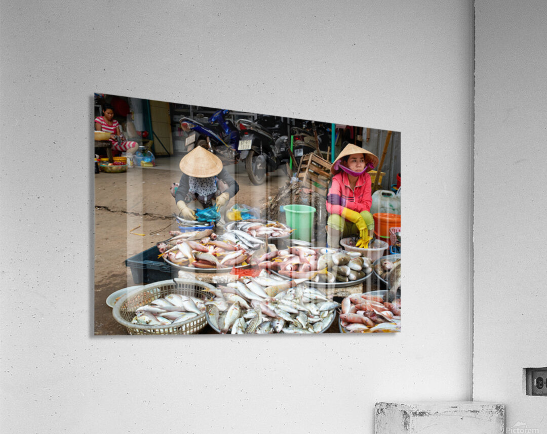 Fish market in Phu Quoc with local vendors working Acrylic Print