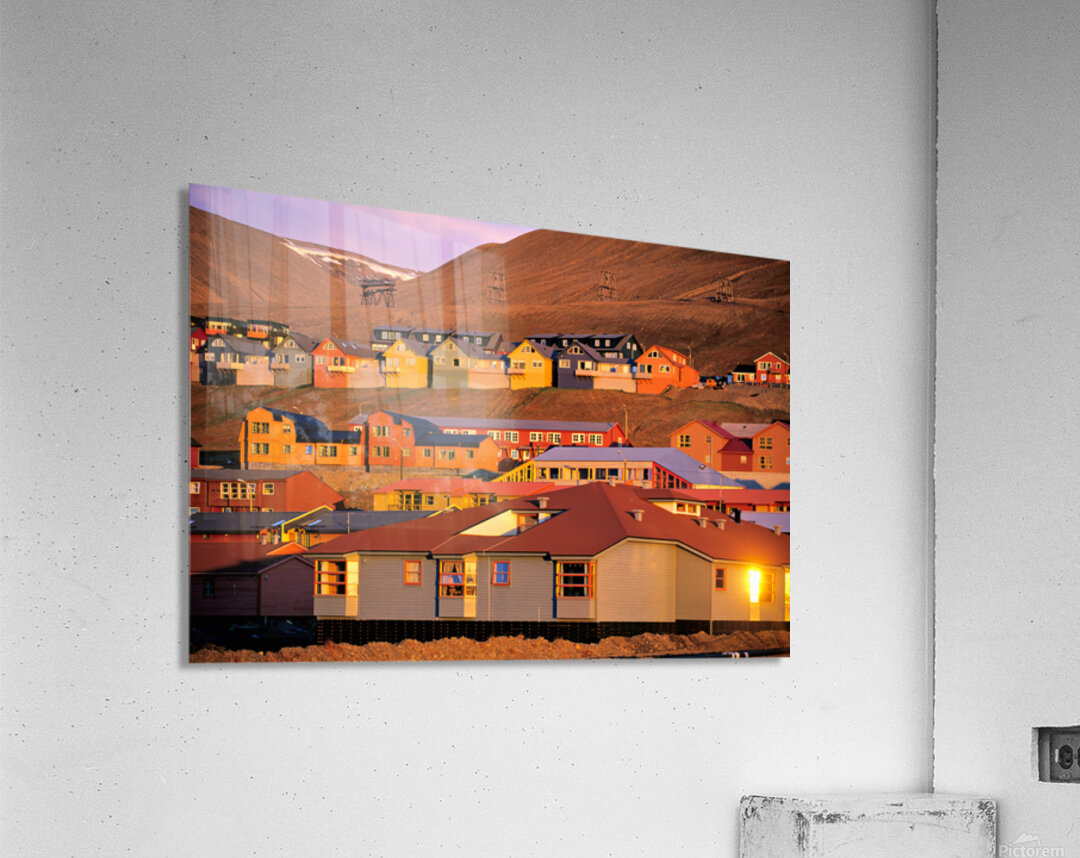 Colorful buildings in Longyearbyen Svalbard at sunset Acrylic Print