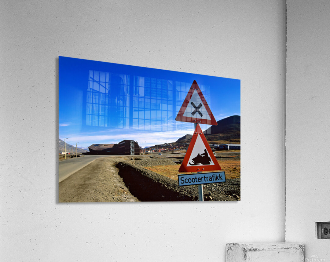 Danger sign for snowmobile traffic in Longyearbyen area Acrylic Print