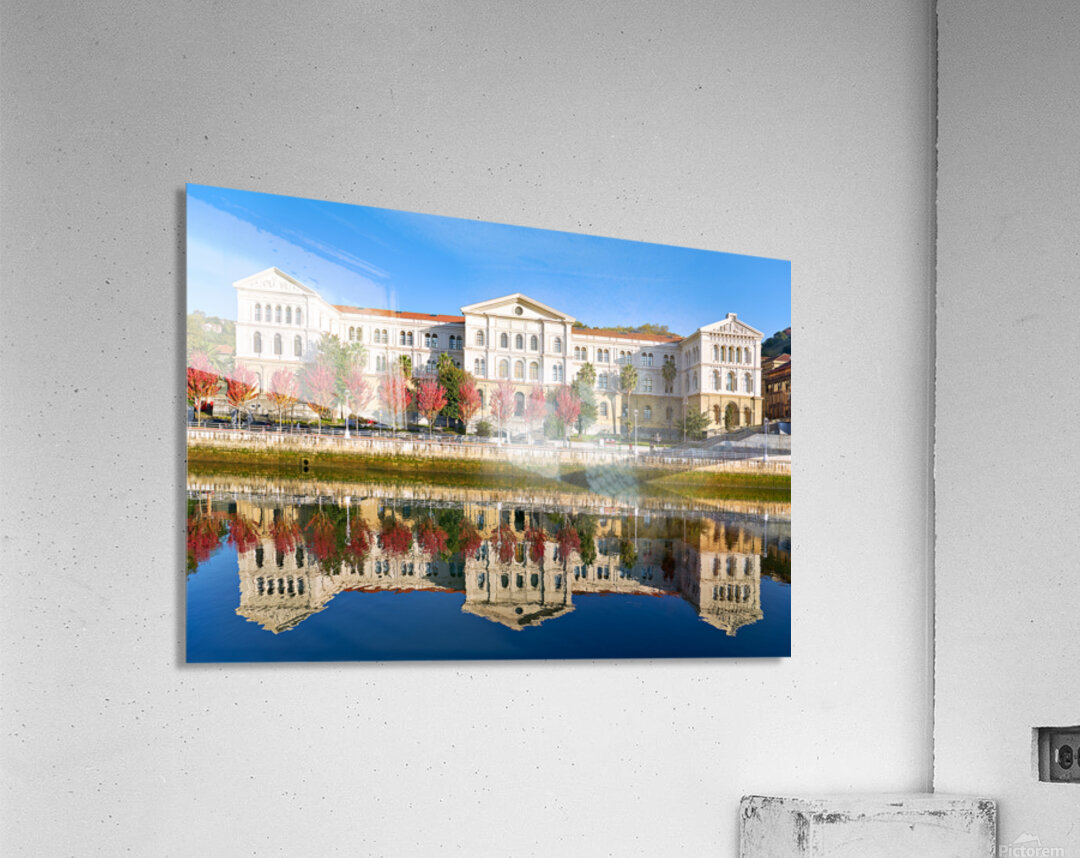 University building reflects in water in Bilbao Spain Acrylic Print