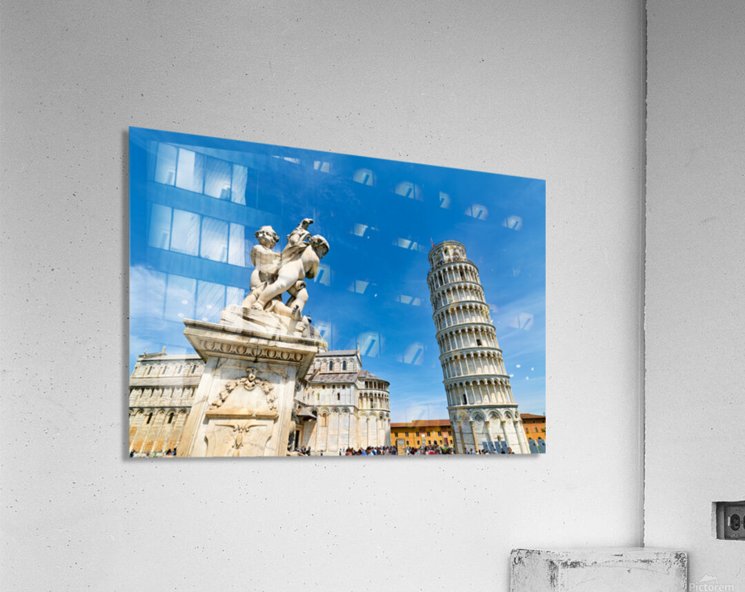 Visitors watch the Leaning Tower and the fountain of angels in Piazza dei Miracoli. Bright sky adds to the lively atmosphere in Pisa. Acrylic Print