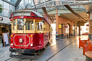 Sightseeing tram at Christchurch in New Zealand for tourists