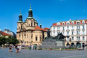 Pragues Old Town Square with St. Nicholas Church and Jan Hus Mo