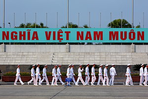 Marching soldiers in Hanoi during a national event celebration