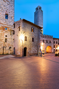 Sunset view of Piazza del Duomo in San Gimignano Tuscany