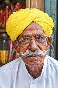 Senior man in yellow turban in Jaisalmer Rajasthan India
