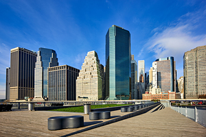 Manhattan skyline view with skyscrapers and waterfront area