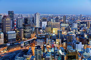 Osaka business financial district view at dusk with city lights