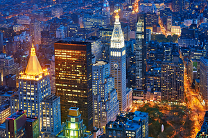 Manhattan skyline view at dusk from above in New York City