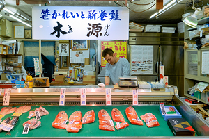 Market scene in Nishiki Market in Kyoto showcasing fresh seafood