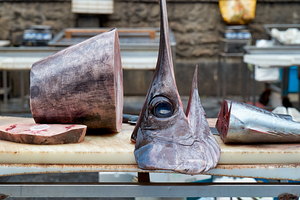 Fresh catch displayed at Piscaria fish market in Catania