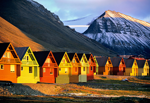 Colorful houses in Longyearbyen Svalbard during sunset