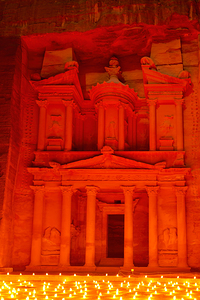 Night view of Al Khazneh in Petra with candle lights
