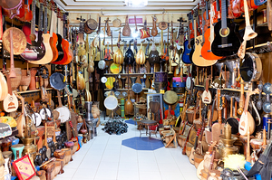 Musical instruments shop in Fez Morocco shows various instrument