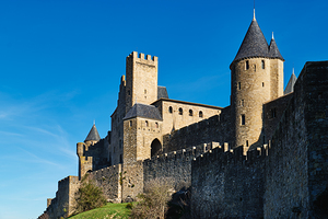 Visit to the famous castle of Carcassonne in France on a clear d