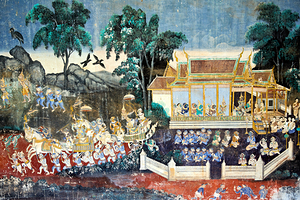 Ancient mural: temple battle mythical figures and nature.