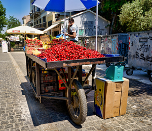 Cherries for sale in a street barrow at Monastiraki in Athens