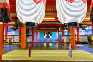 Lanterns hanging inside Itsukushima shrine in Miyajima Japan