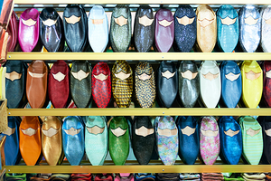 Traditional moroccan slippers displayed in marrakesh shop