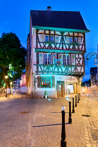 Timber framed houses in Colmar at night with soft lights