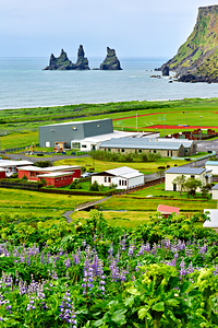 Coastline view of Reynisfjall and Vik town in Iceland