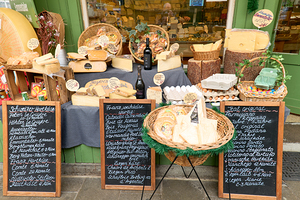 Cheese display at Viktualienmarkt in Munich Bavaria Germany