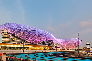 W Abu Dhabi hotel shines at Yas Island during evening time