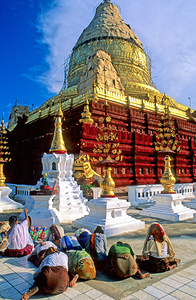Visitors worship at Shwezigon Paya in Bagan Myanmar during the 