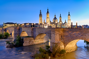 Sunset view of Cathedral in Zaragoza over the Ebro River