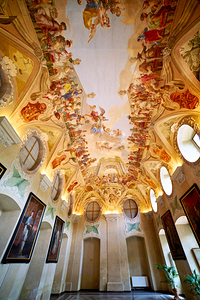 Grand hall with elaborate Baroque ceiling frescoes and wall art.