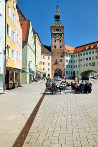 People enjoy meals in Hauptplatz square in Landsberg am Lech Ge
